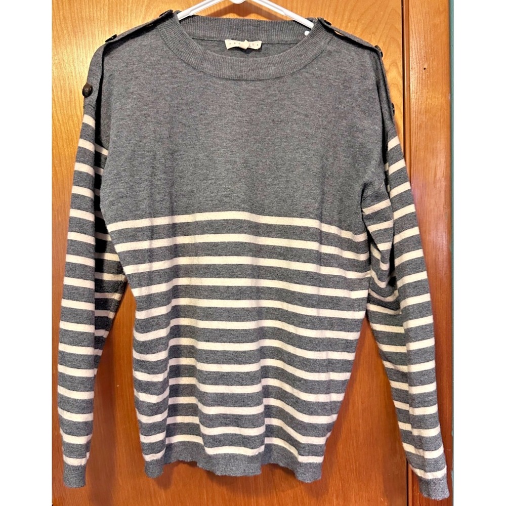 Promesa Women's Gray & Cream Striped Pullover Sweater Shoulder Buttons Size: S/M